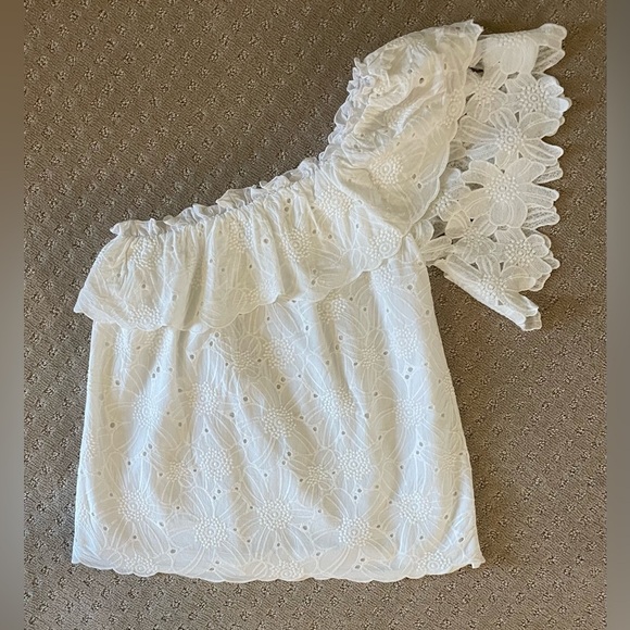 KAS New York Dulia White Floral Eyelet Lace One Shoulder Blouse, Sz S/M - Picture 3 of 14